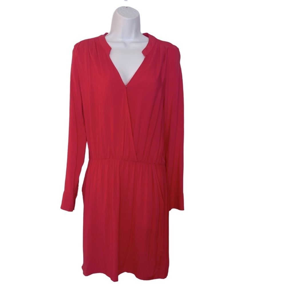 Splendid Coral Long Sleeve V Neck Mini Dress Pockets Elastic Waist Size M NEW - Picture 3 of 10